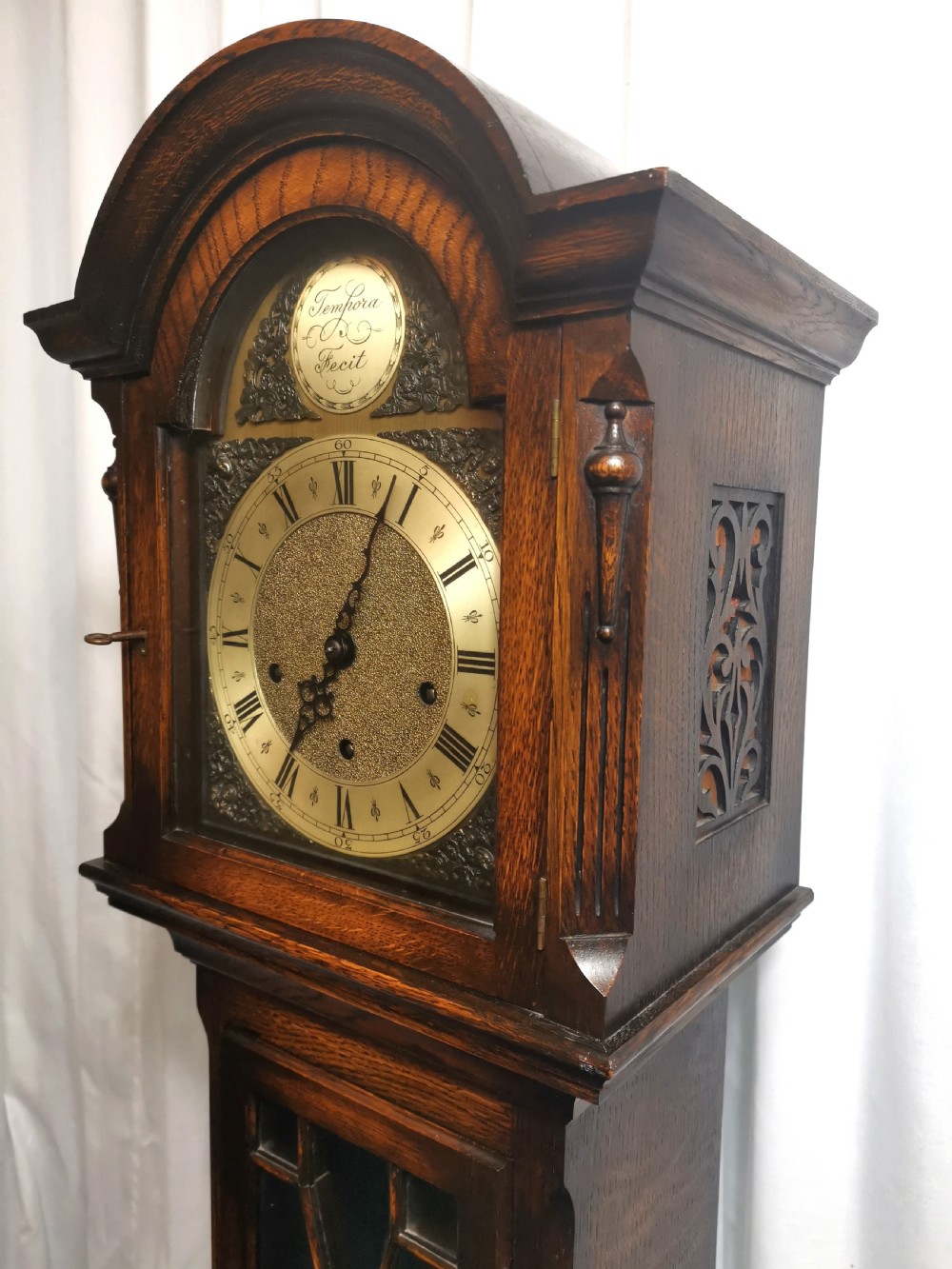 English Edwardian Triple Train Glass Fronted Oak Grandmother or Small Grandfather Musical Longcase Clock  View II