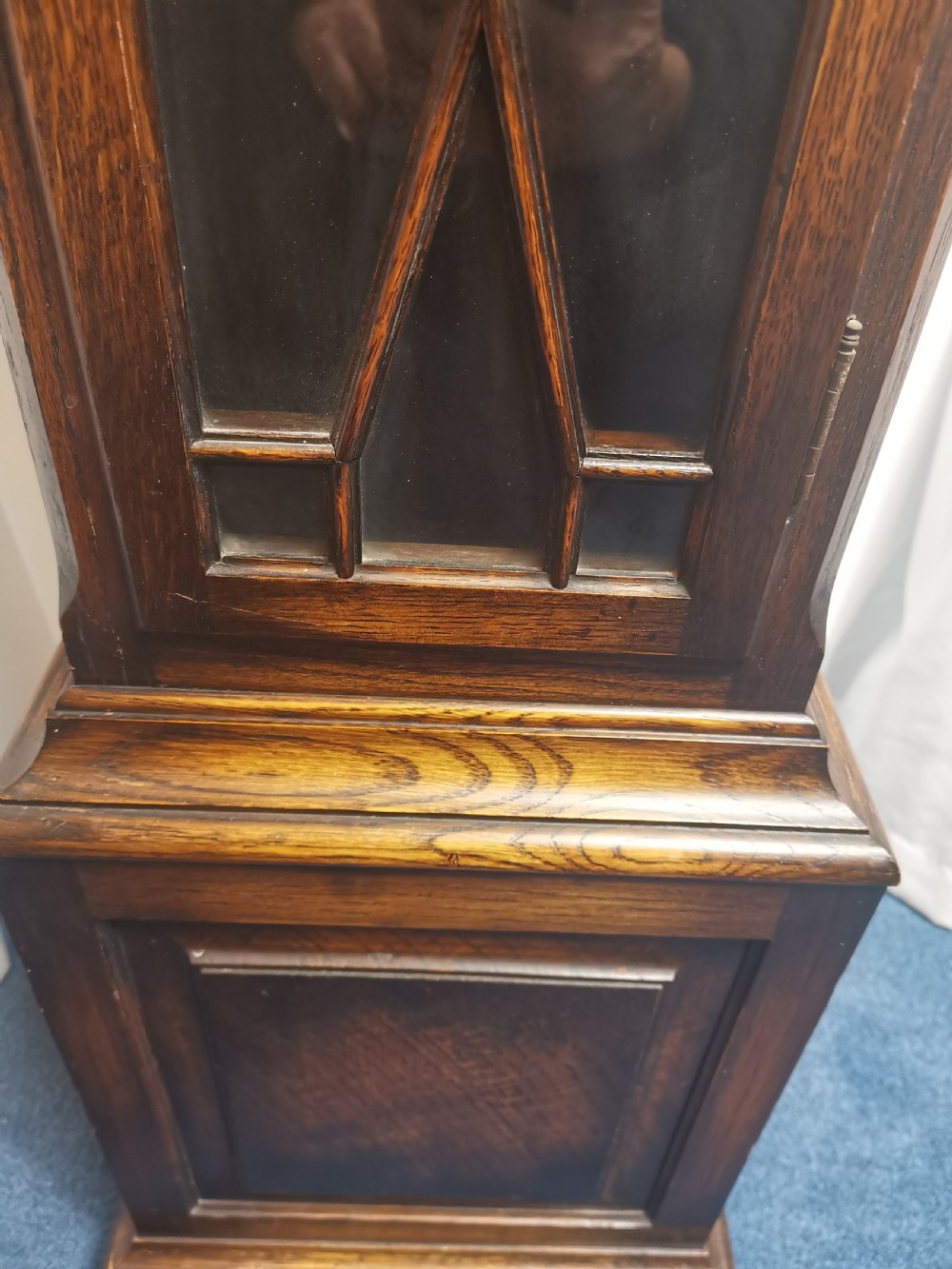 English Edwardian Triple Train Glass Fronted Oak Grandmother or Small Grandfather Musical Longcase Clock  View III