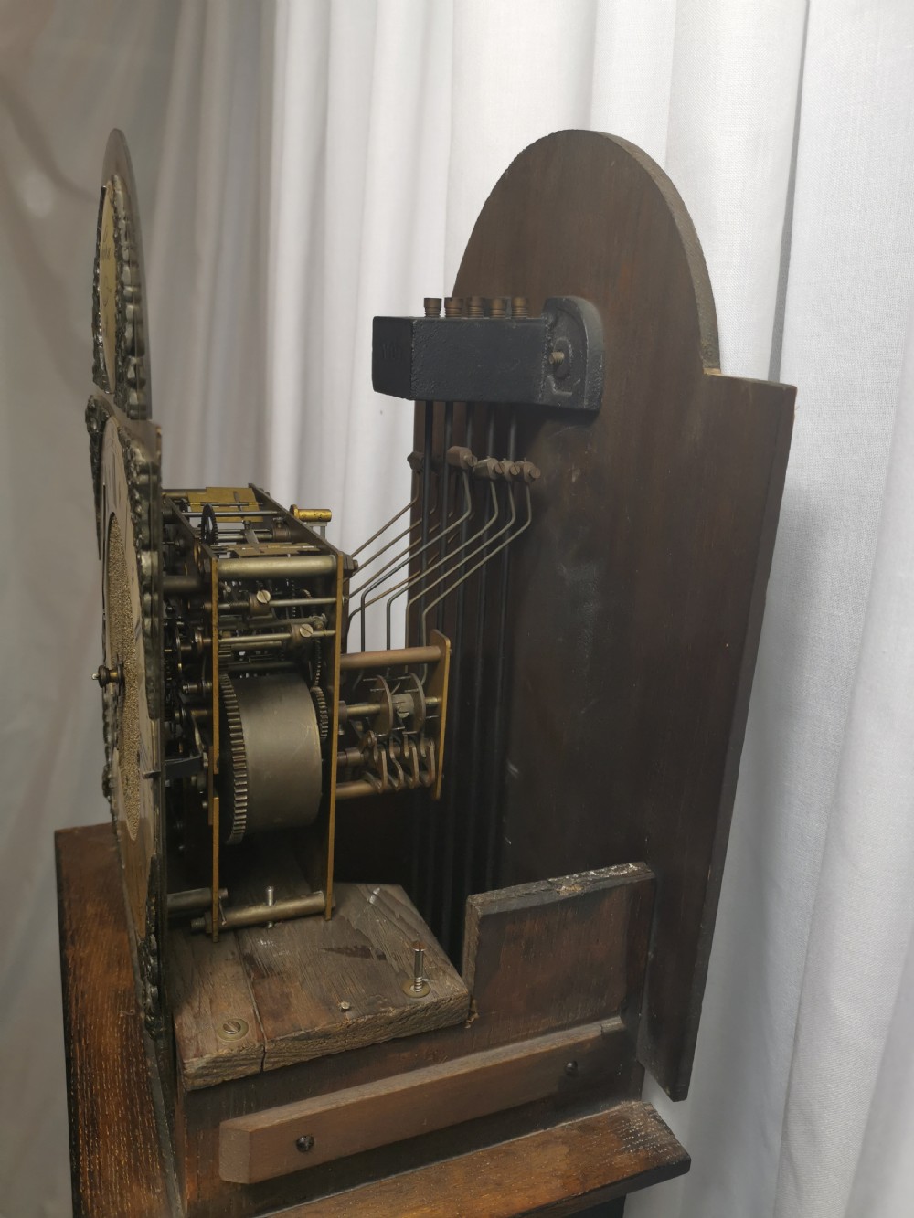 English Edwardian Triple Train Glass Fronted Oak Grandmother or Small Grandfather Musical Longcase Clock  View IV