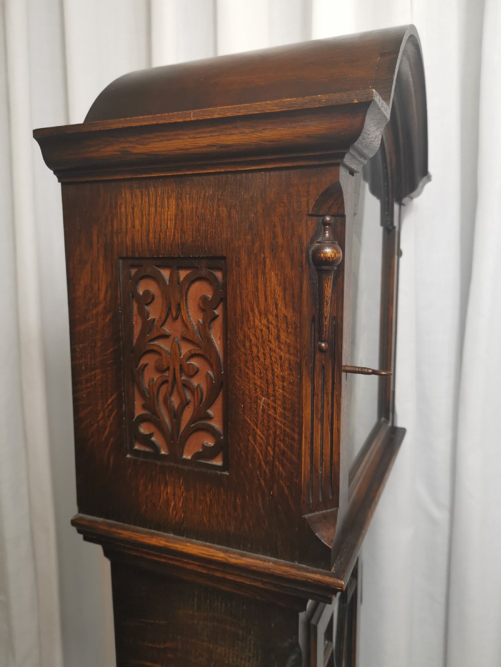 English Edwardian Triple Train Glass Fronted Oak Grandmother or Small Grandfather Musical Longcase Clock  View VI