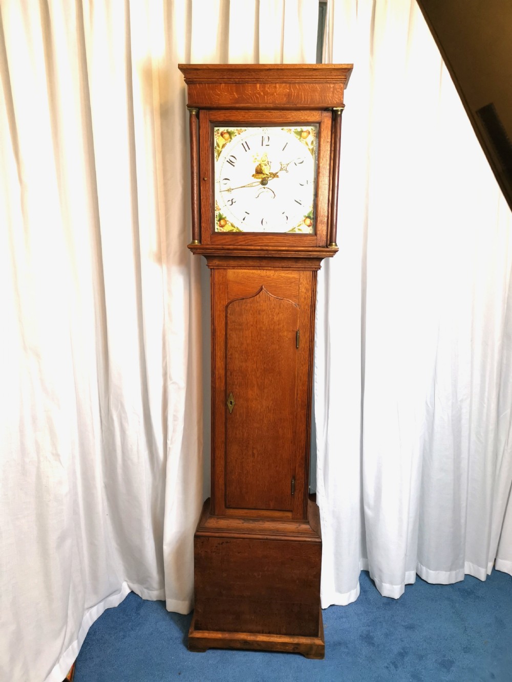 Small Medium Oak Grandfather or Grandmother Longcase Clock with Painted Dial with Gilt Lady Figure