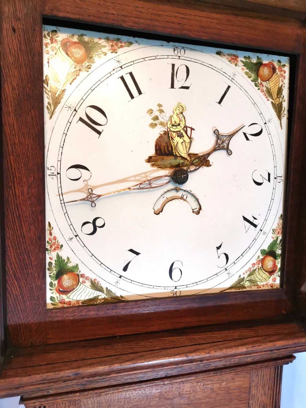 Small Medium Oak Grandfather or Grandmother Longcase Clock with Painted Dial with Gilt Lady Figure View II