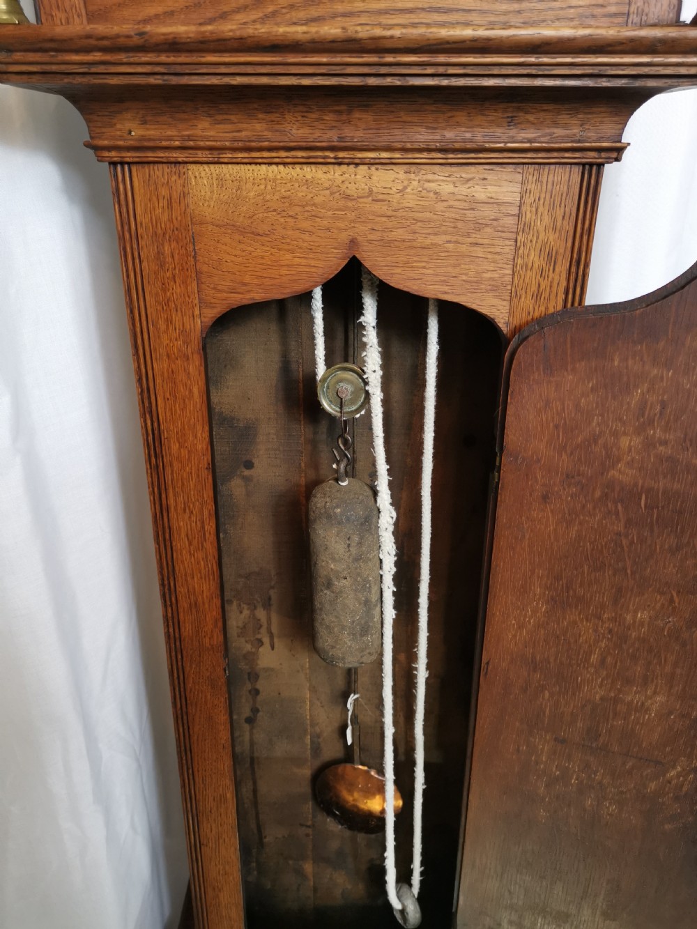 Small Medium Oak Grandfather or Grandmother Longcase Clock with Painted Dial with Gilt Lady Figure View IV