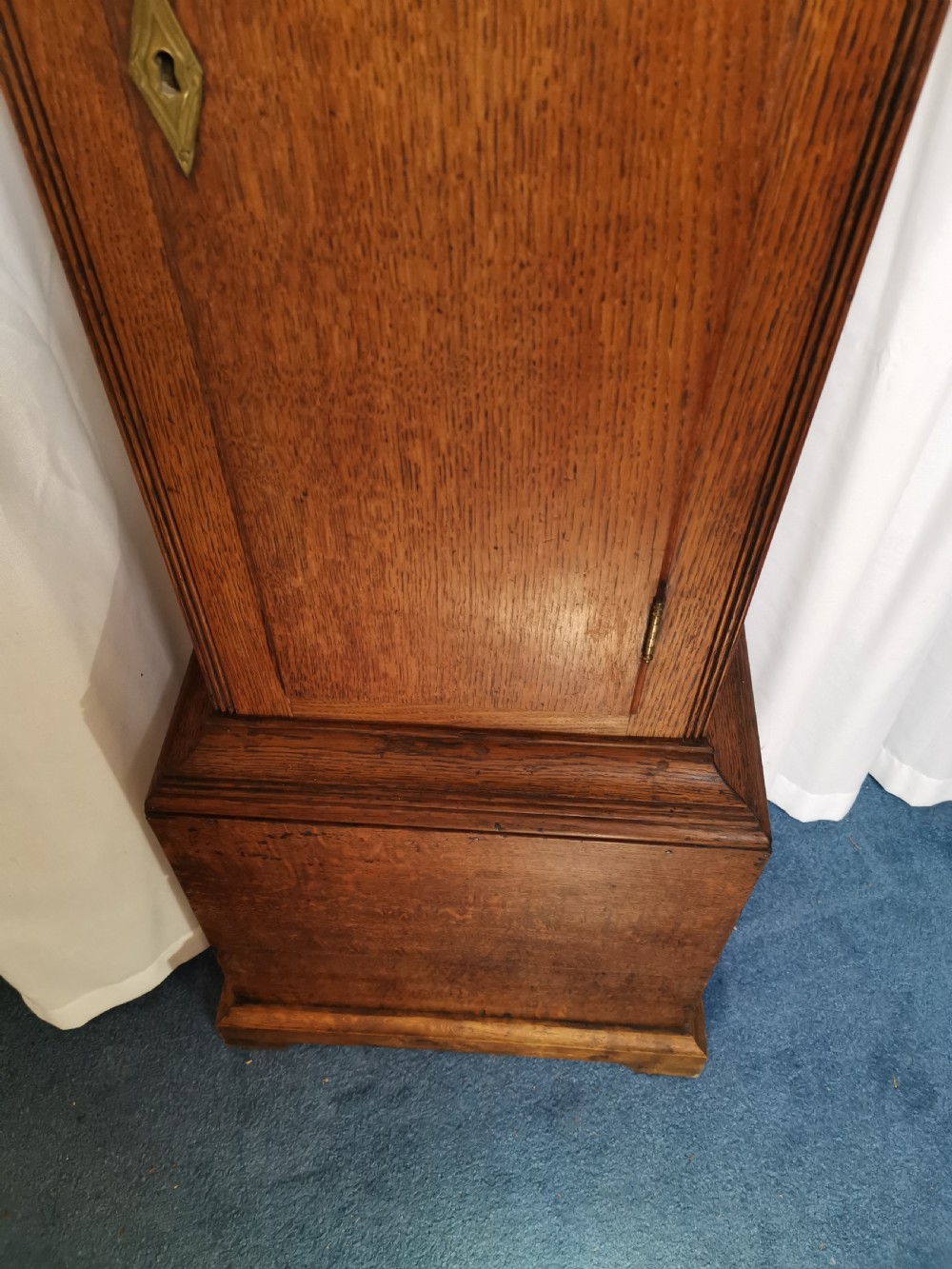 Small Medium Oak Grandfather or Grandmother Longcase Clock with Painted Dial with Gilt Lady Figure View V