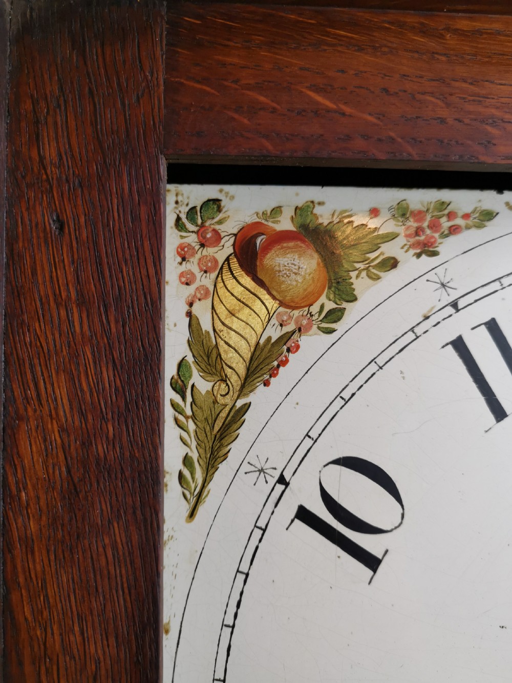 Small Medium Oak Grandfather or Grandmother Longcase Clock with Painted Dial with Gilt Lady Figure View VI