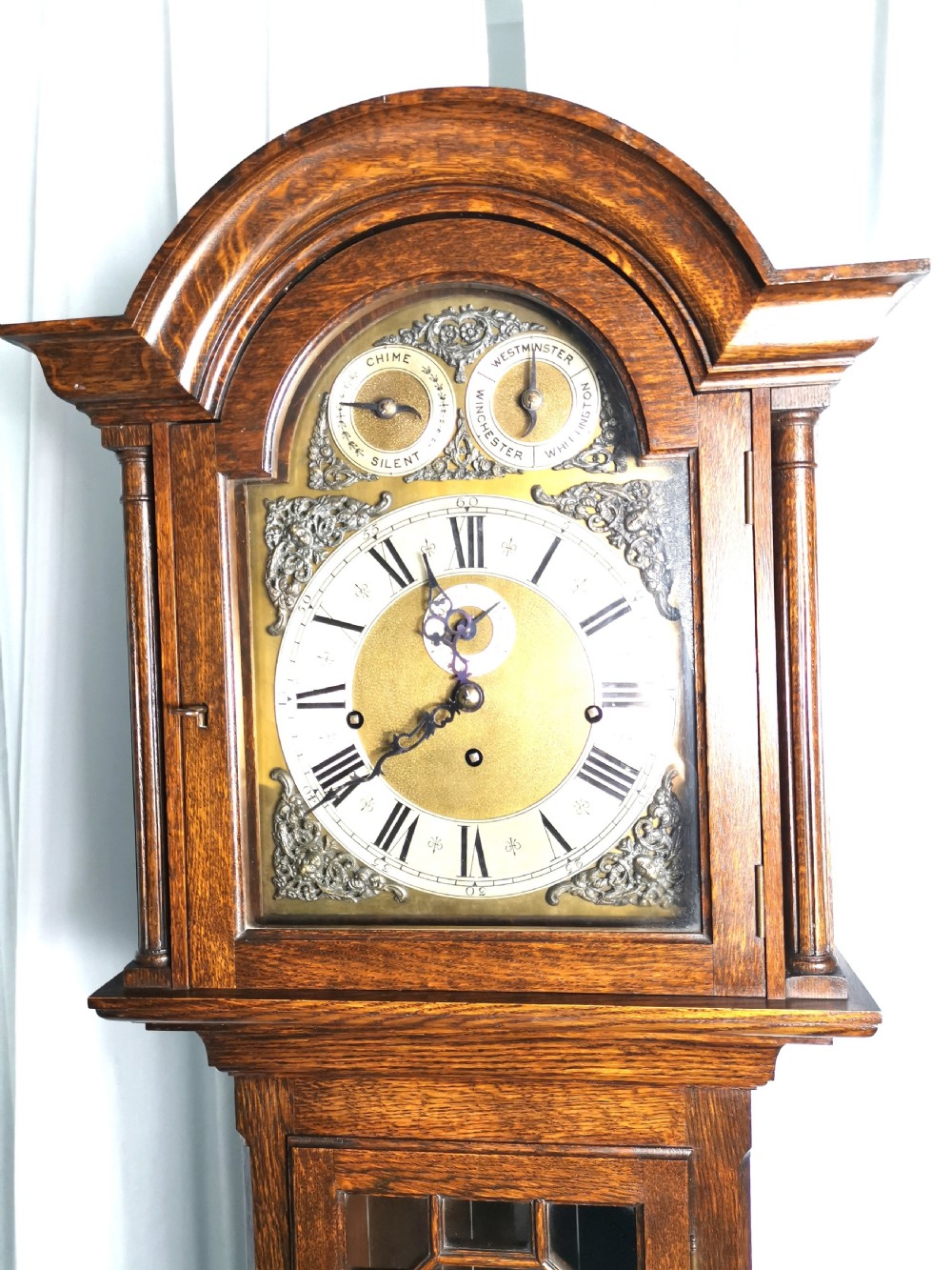 Impressive Triple Tune Triple Weight Musical Astigal Glazed Oak Grandfather Longcase Clock with Strike & Silent View II