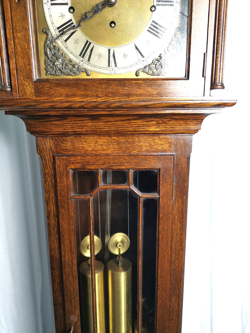 Impressive Triple Tune Triple Weight Musical Astigal Glazed Oak Grandfather Longcase Clock with Strike & Silent View III
