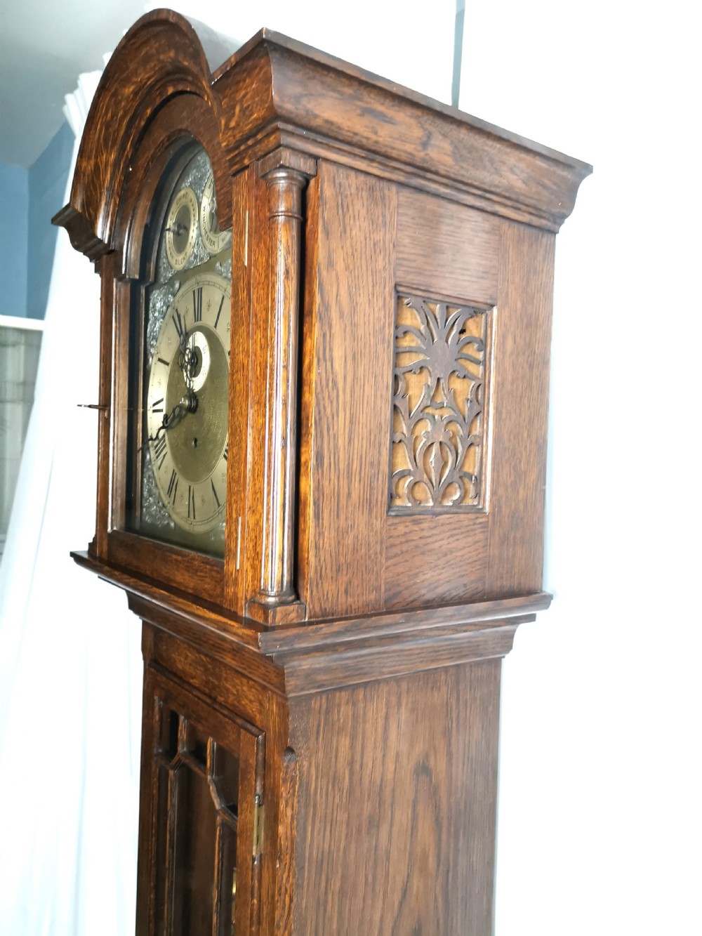 Impressive Triple Tune Triple Weight Musical Astigal Glazed Oak Grandfather Longcase Clock with Strike & Silent View IV