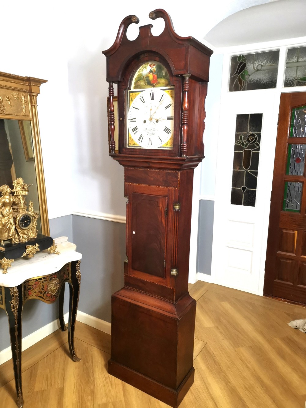 Late Georgian 8 Day Mahogany & Inlaid Grandfather Longcase Clock with Hour Striking & Painted Dial