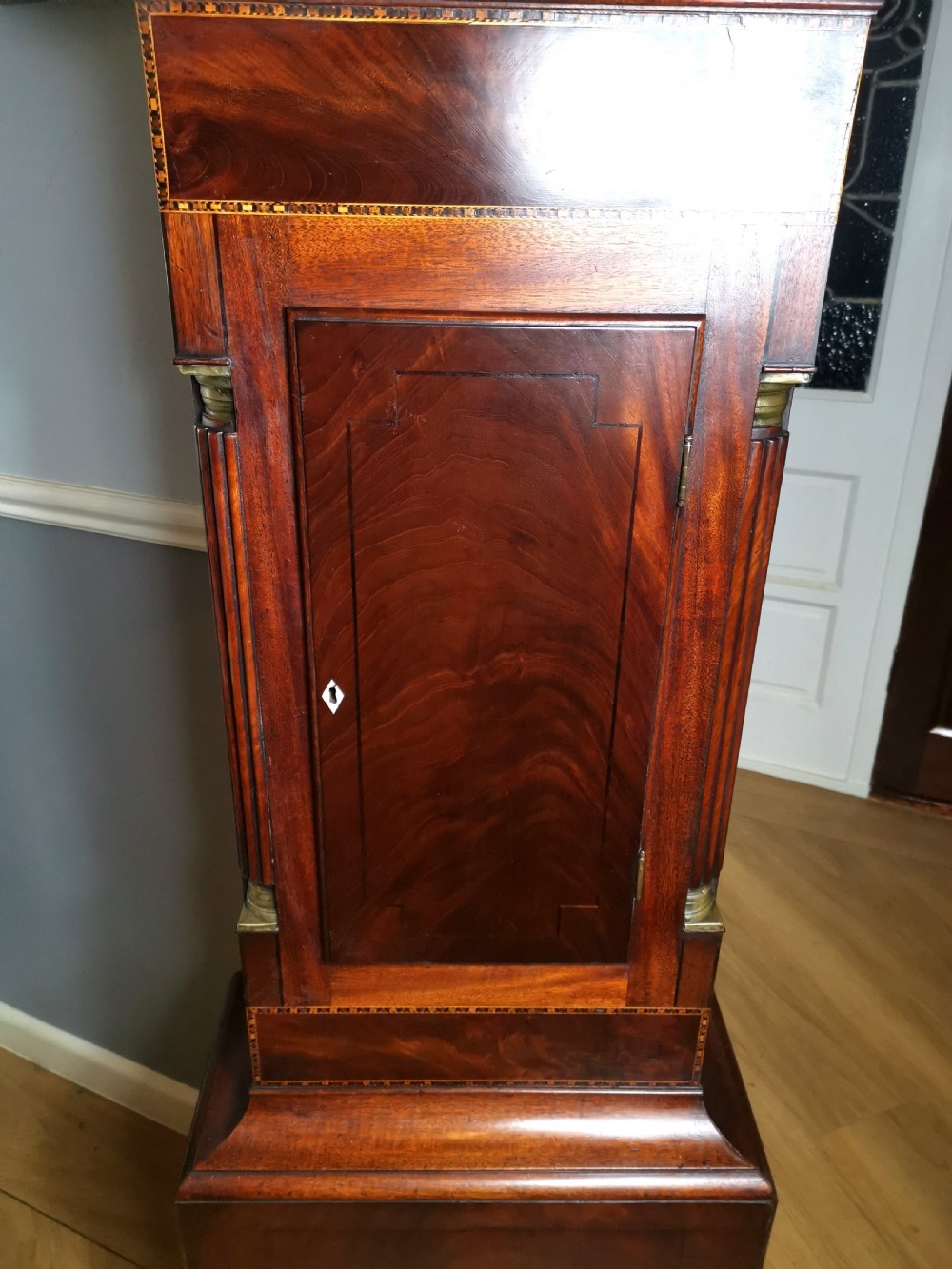 Late Georgian 8 Day Mahogany & Inlaid Grandfather Longcase Clock with Hour Striking & Painted Dial View II