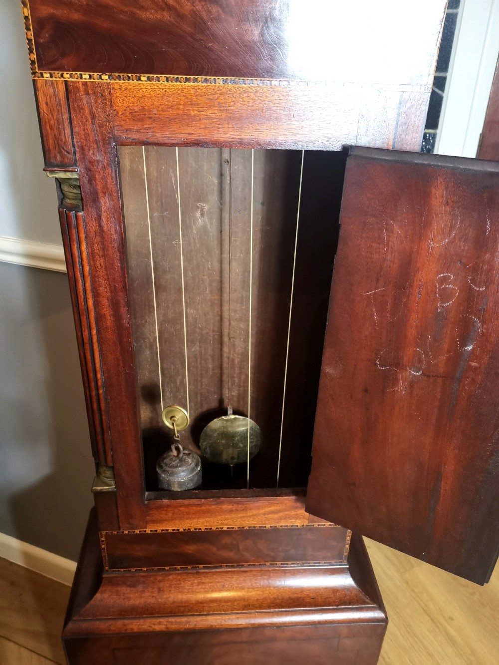 Late Georgian 8 Day Mahogany & Inlaid Grandfather Longcase Clock with Hour Striking & Painted Dial View IV
