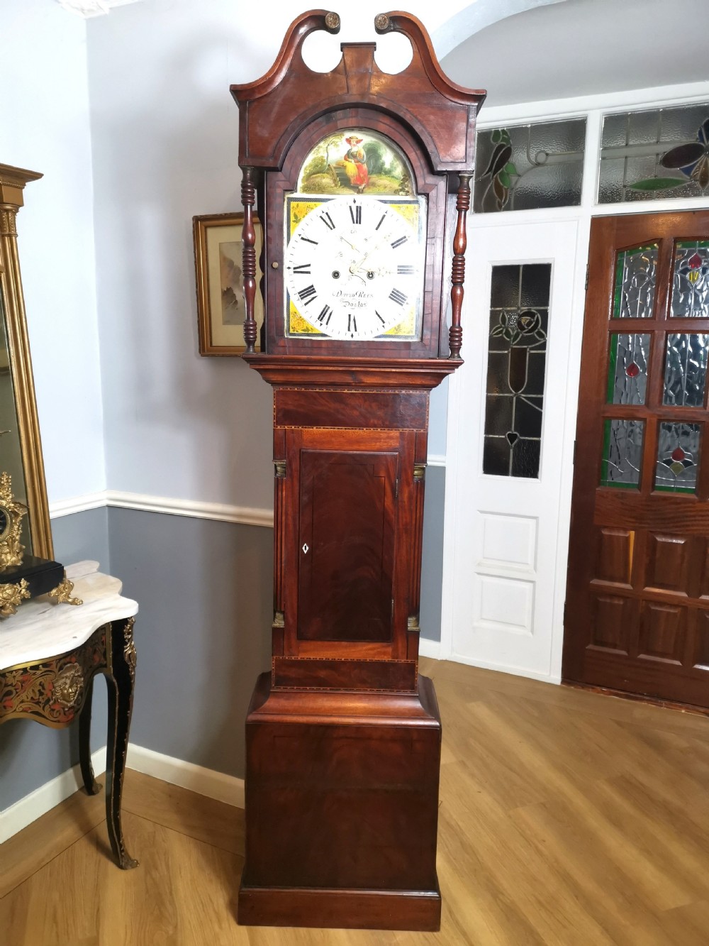 Late Georgian 8 Day Mahogany & Inlaid Grandfather Longcase Clock with Hour Striking & Painted Dial View V