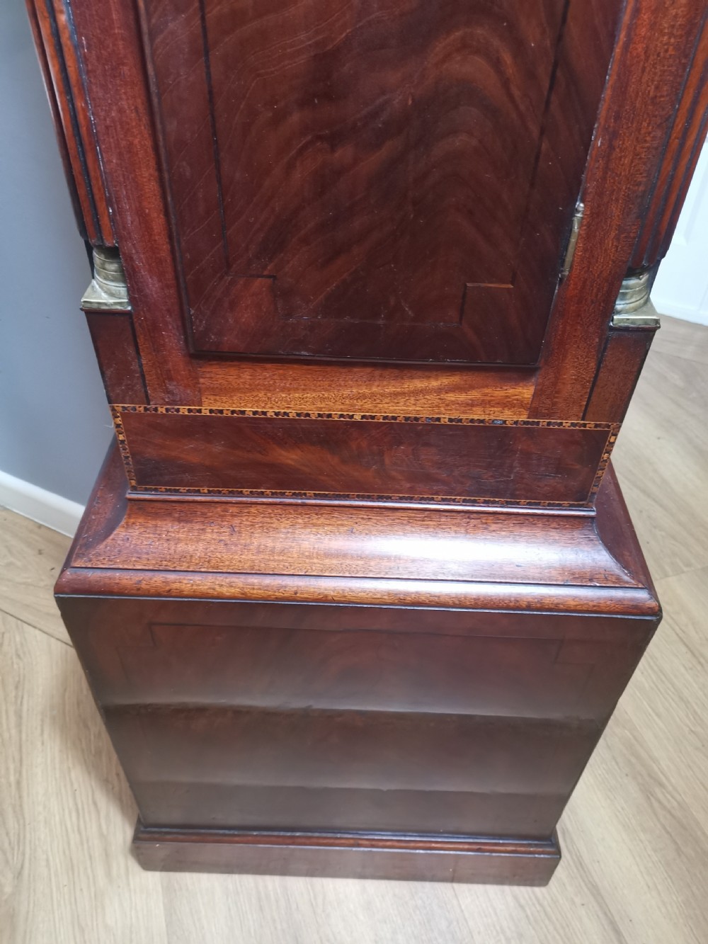 Late Georgian 8 Day Mahogany & Inlaid Grandfather Longcase Clock with Hour Striking & Painted Dial View VI