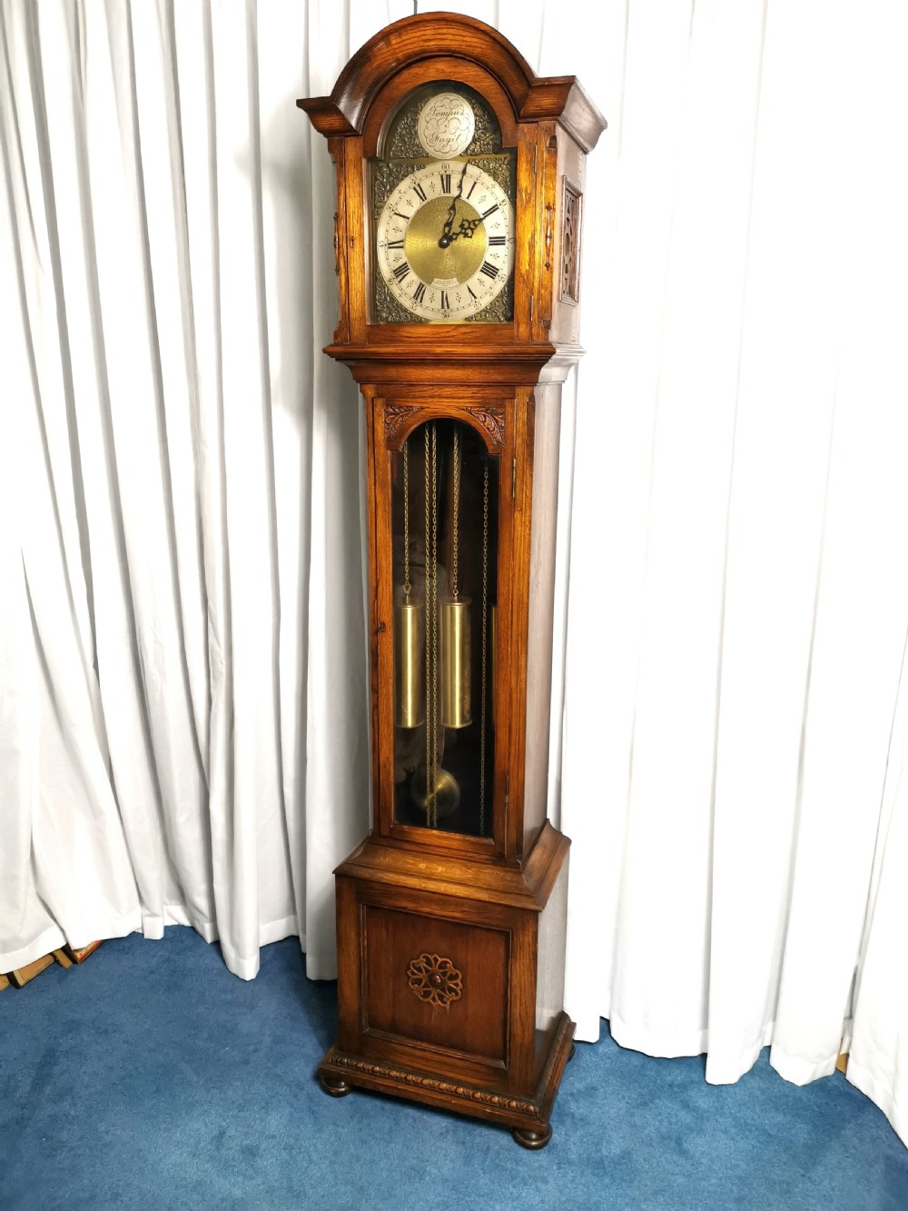 Bravingtons Ltd 1920/30 Mellow Sounding Westminster Musical 1/4 Chiming Triple Weight Glass Fronted Oak Cased Grandfather Longcase Clock
