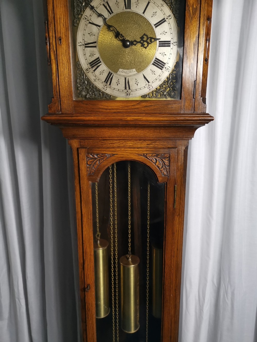 Bravingtons Ltd 1920/30 Mellow Sounding Westminster Musical 1/4 Chiming Triple Weight Glass Fronted Oak Cased Grandfather Longcase Clock View X