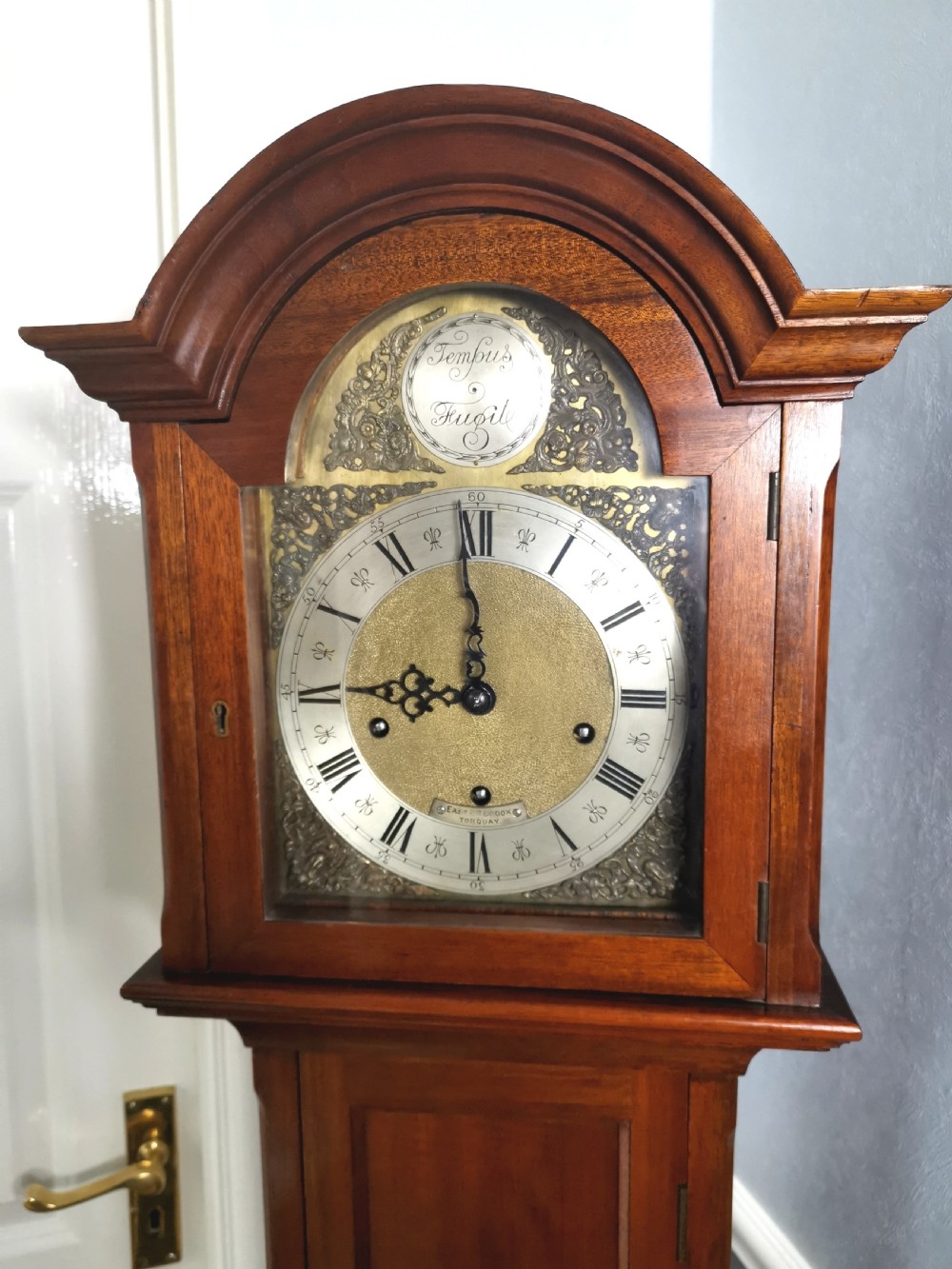 Mahogany Musical Quarter Chiming Grandmother Longcase Clock by Easterbrook Torquay Devon  View V