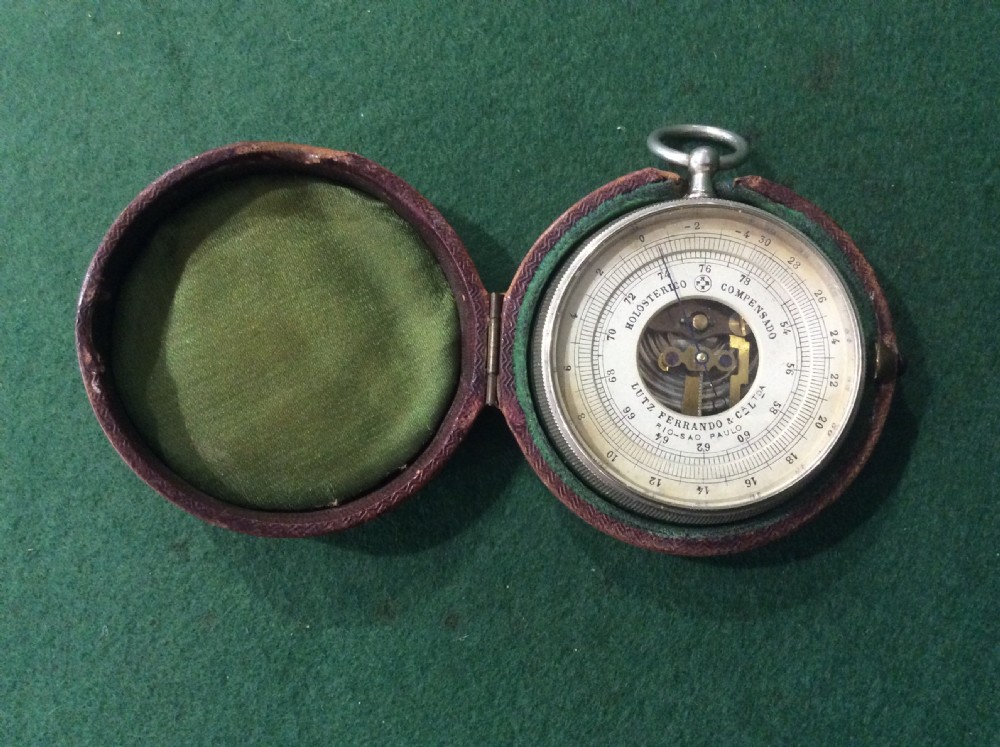 Rare Lutz Ferrando & Caltda of Rio-Sao Paulo Cased Pocket Barometer with visible movement