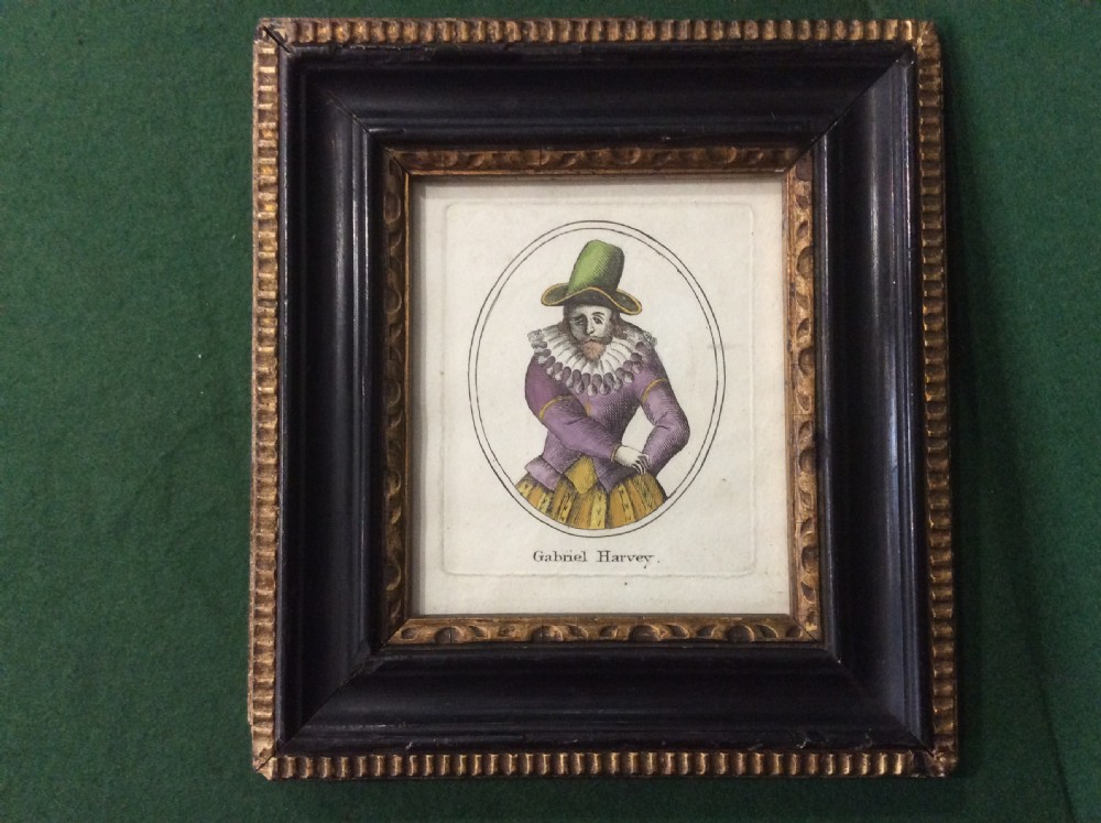 Frame & Glazed 18/19th Century Hand Coloured Engraving of Gabriel Harvey - English Elizabethan Writer who Kissed the Hand of Elizabeth 1. View II