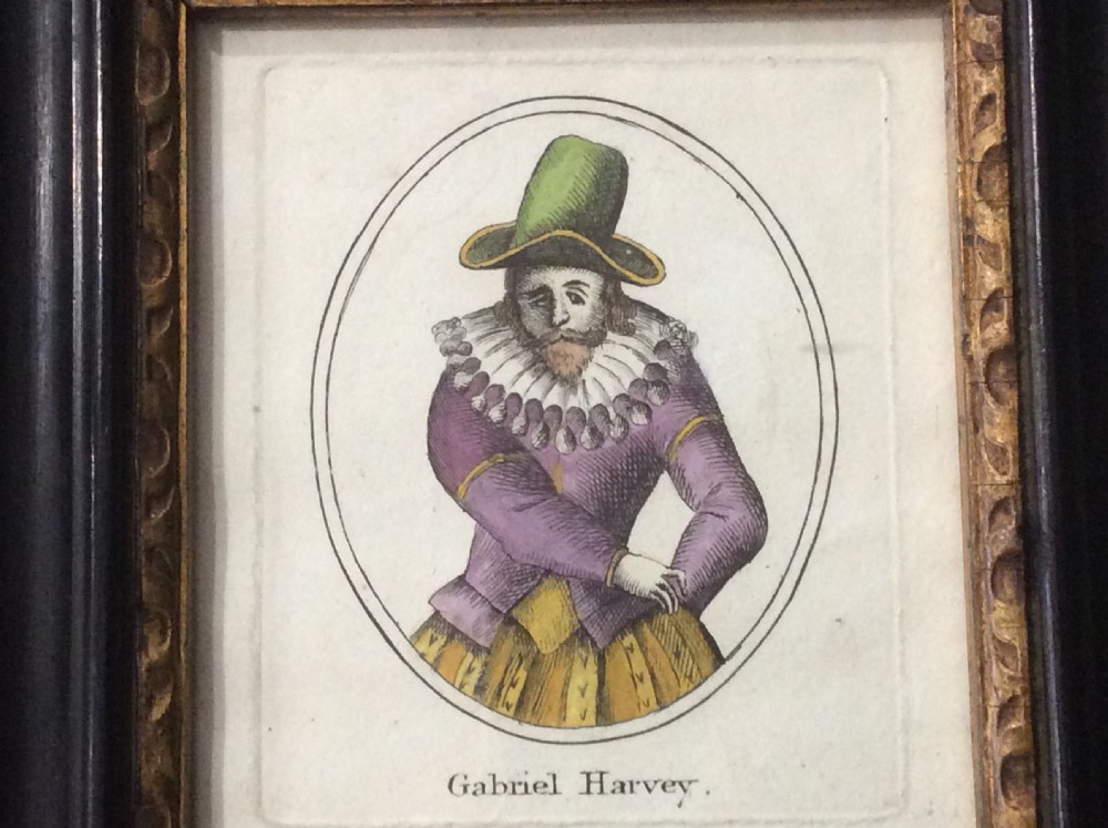 Frame & Glazed 18/19th Century Hand Coloured Engraving of Gabriel Harvey - English Elizabethan Writer who Kissed the Hand of Elizabeth 1. View IV