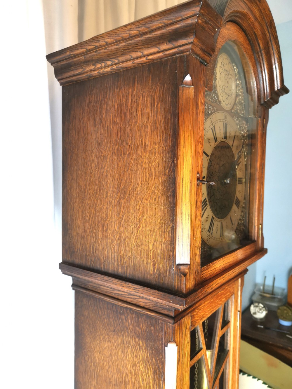 Astagal Glazed Triple Weight Twin Tune Musical Quarter Chiming Oak Grandmother or Grandfather Longcase Clock. View V