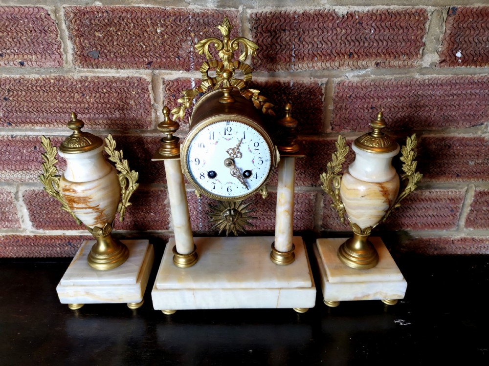 Marble & Gilt Portico Bell Striking French Mantel Clock with Matching Garnitures and Sunburst Pendulum 