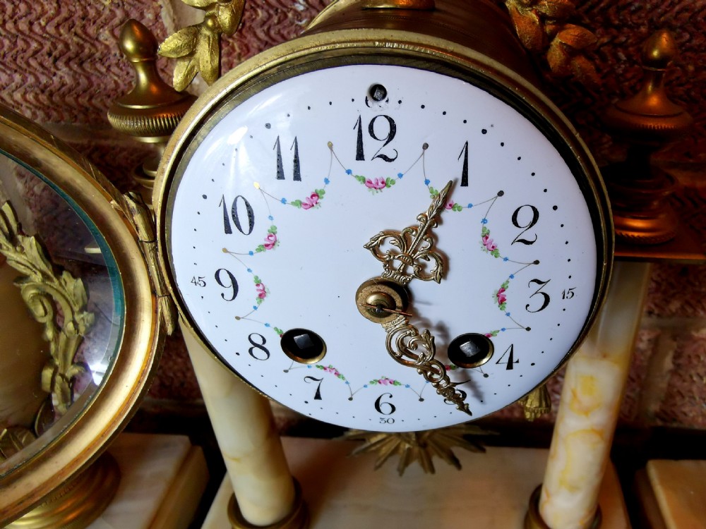 Marble & Gilt Portico Bell Striking French Mantel Clock with Matching Garnitures and Sunburst Pendulum  View II