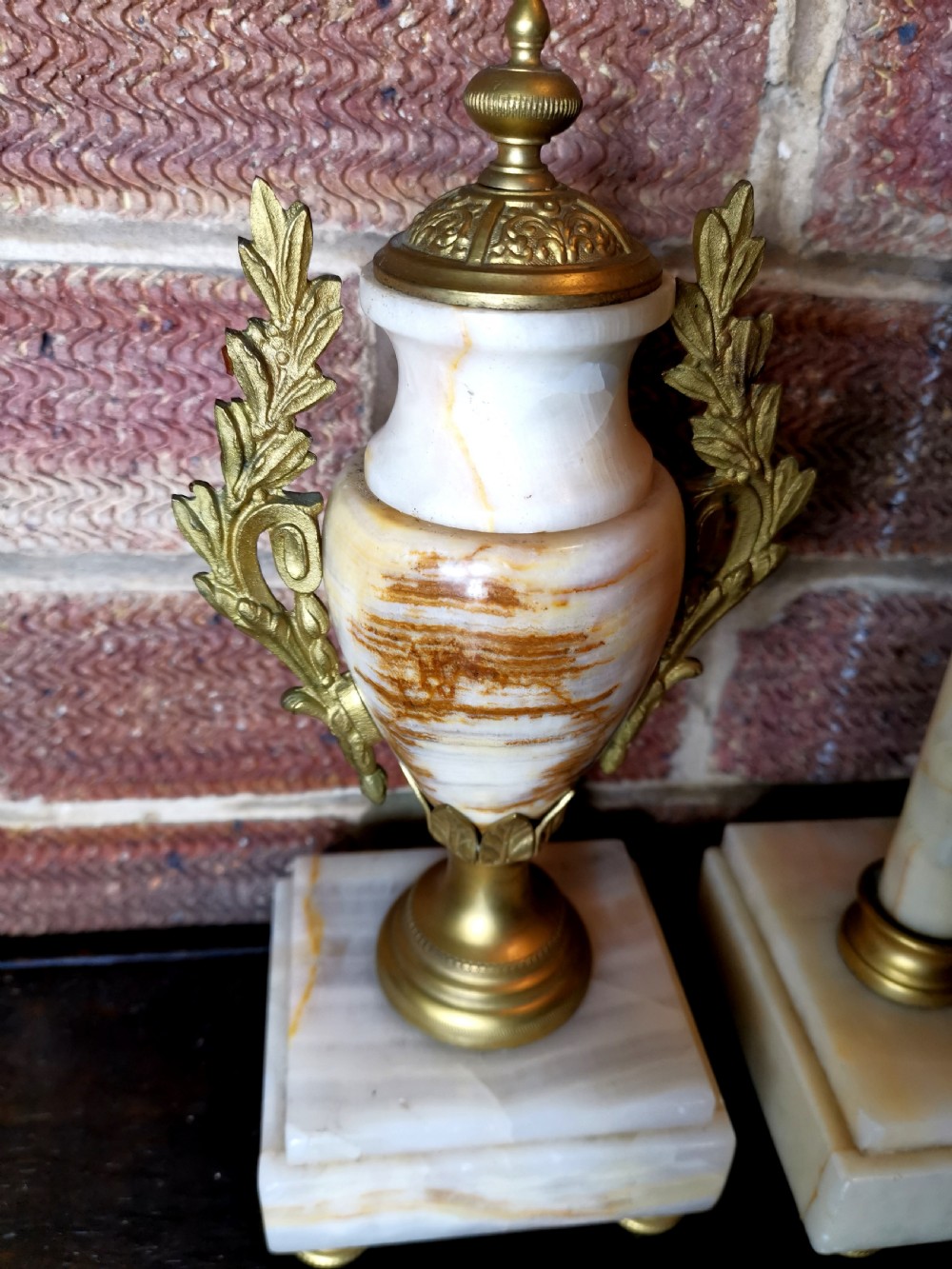 Marble & Gilt Portico Bell Striking French Mantel Clock with Matching Garnitures and Sunburst Pendulum  View III