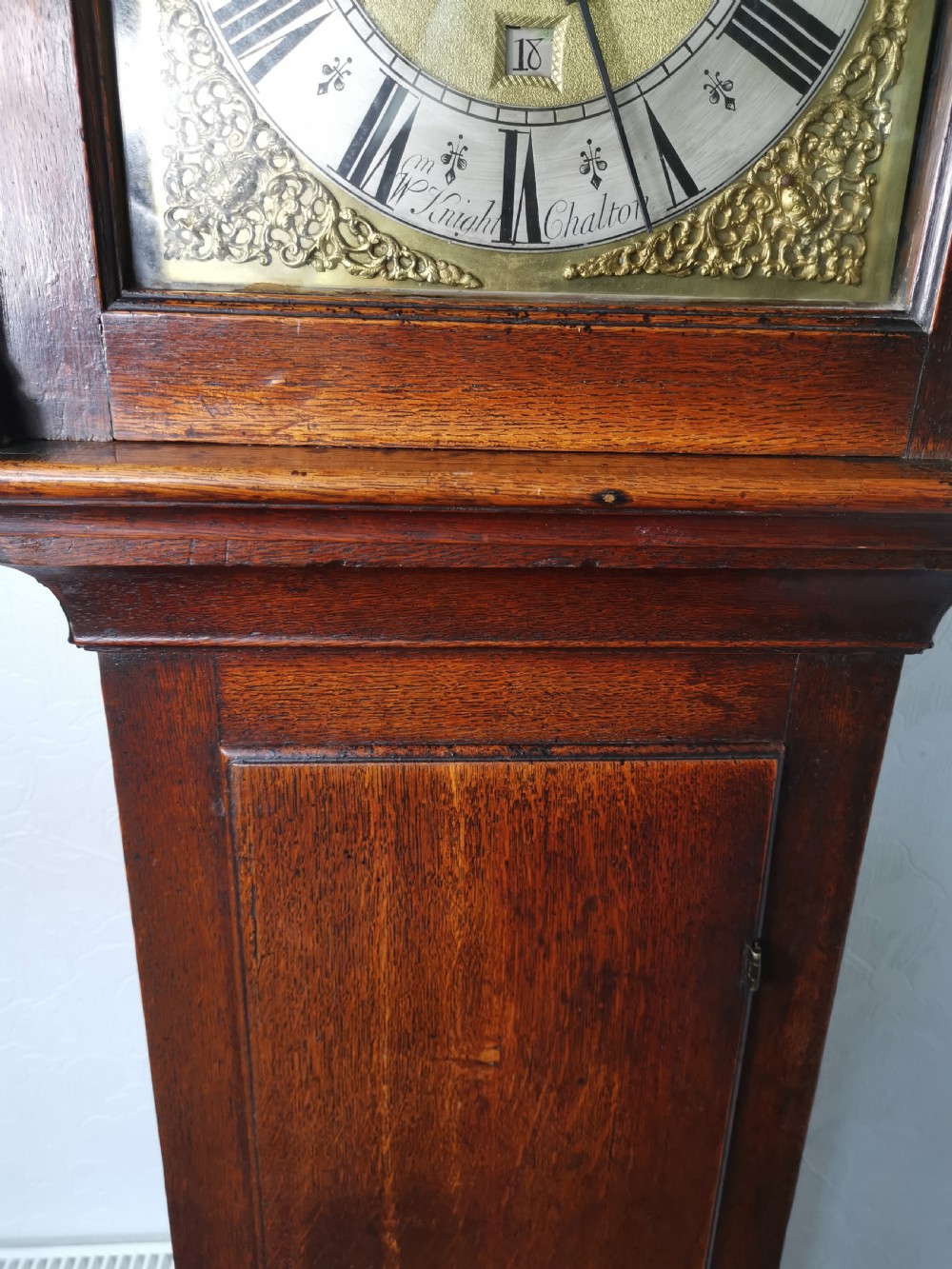 Small (74in) Mid 18th c Wm. Knight of Chalton Hants/Sussex Borders 8 Day Grandfather/Grandmother Longcase Clock with 10in Dial.  View V