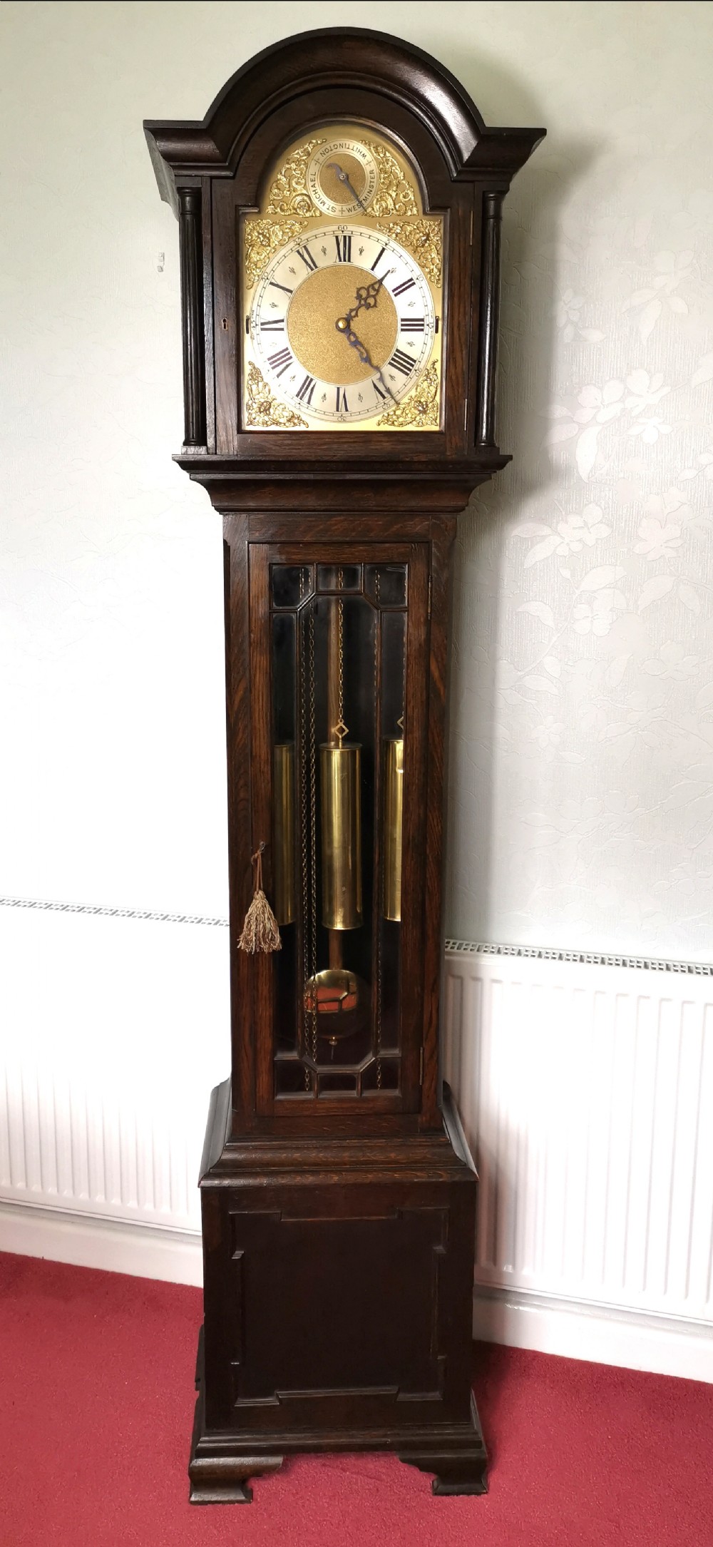 Early 20th C. Oak Triple Weight Triple Quarter Chiming & Hour Strike 8 Day Musical Grandfather Longcase Clock with Astragal Glazed Door