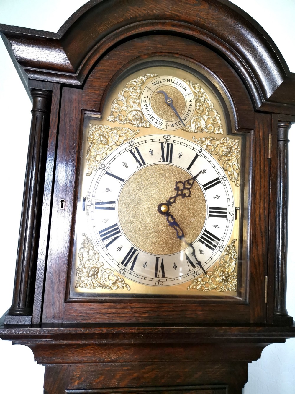 Early 20th C. Oak Triple Weight Triple Quarter Chiming & Hour Strike 8 Day Musical Grandfather Longcase Clock with Astragal Glazed Door View II