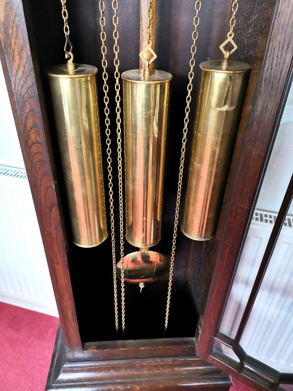Early 20th C. Oak Triple Weight Triple Quarter Chiming & Hour Strike 8 Day Musical Grandfather Longcase Clock with Astragal Glazed Door View III