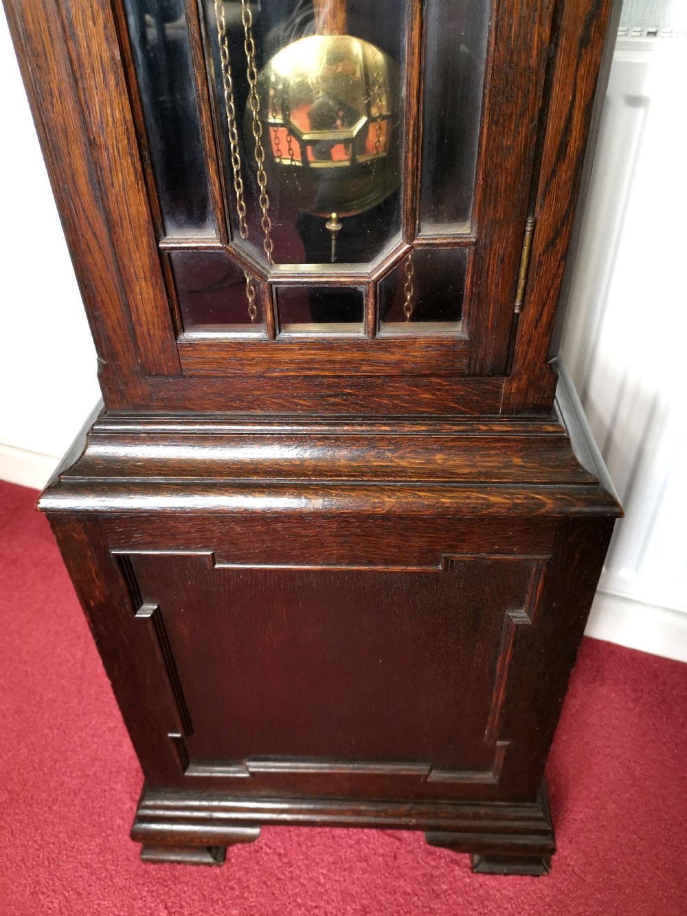 Early 20th C. Oak Triple Weight Triple Quarter Chiming & Hour Strike 8 Day Musical Grandfather Longcase Clock with Astragal Glazed Door View IV