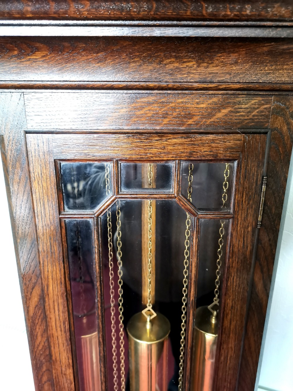 Early 20th C. Oak Triple Weight Triple Quarter Chiming & Hour Strike 8 Day Musical Grandfather Longcase Clock with Astragal Glazed Door View V