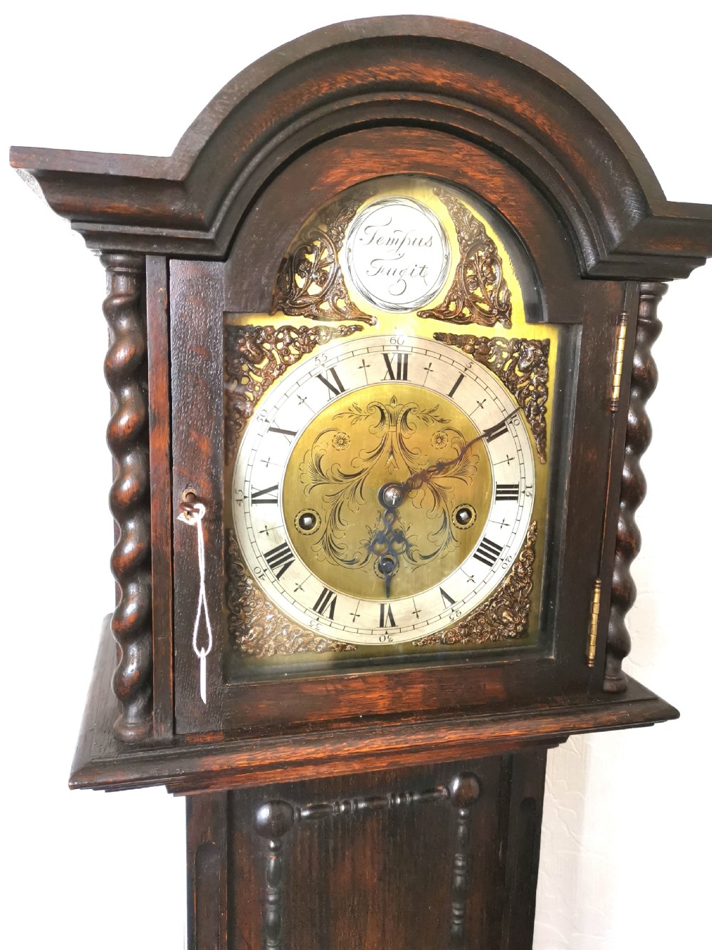 Sweet Sounding English Early 20th C. Oak Petit Grandfather or Grandmother Longcase Clock Striking the Hours & Playing Musical Chimes on Each Quarter.  View II