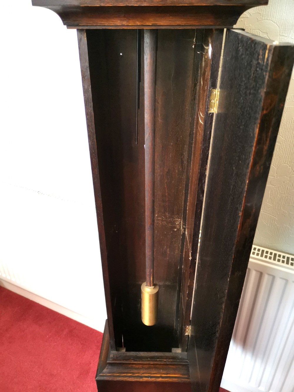 Sweet Sounding English Early 20th C. Oak Petit Grandfather or Grandmother Longcase Clock Striking the Hours & Playing Musical Chimes on Each Quarter.  View V
