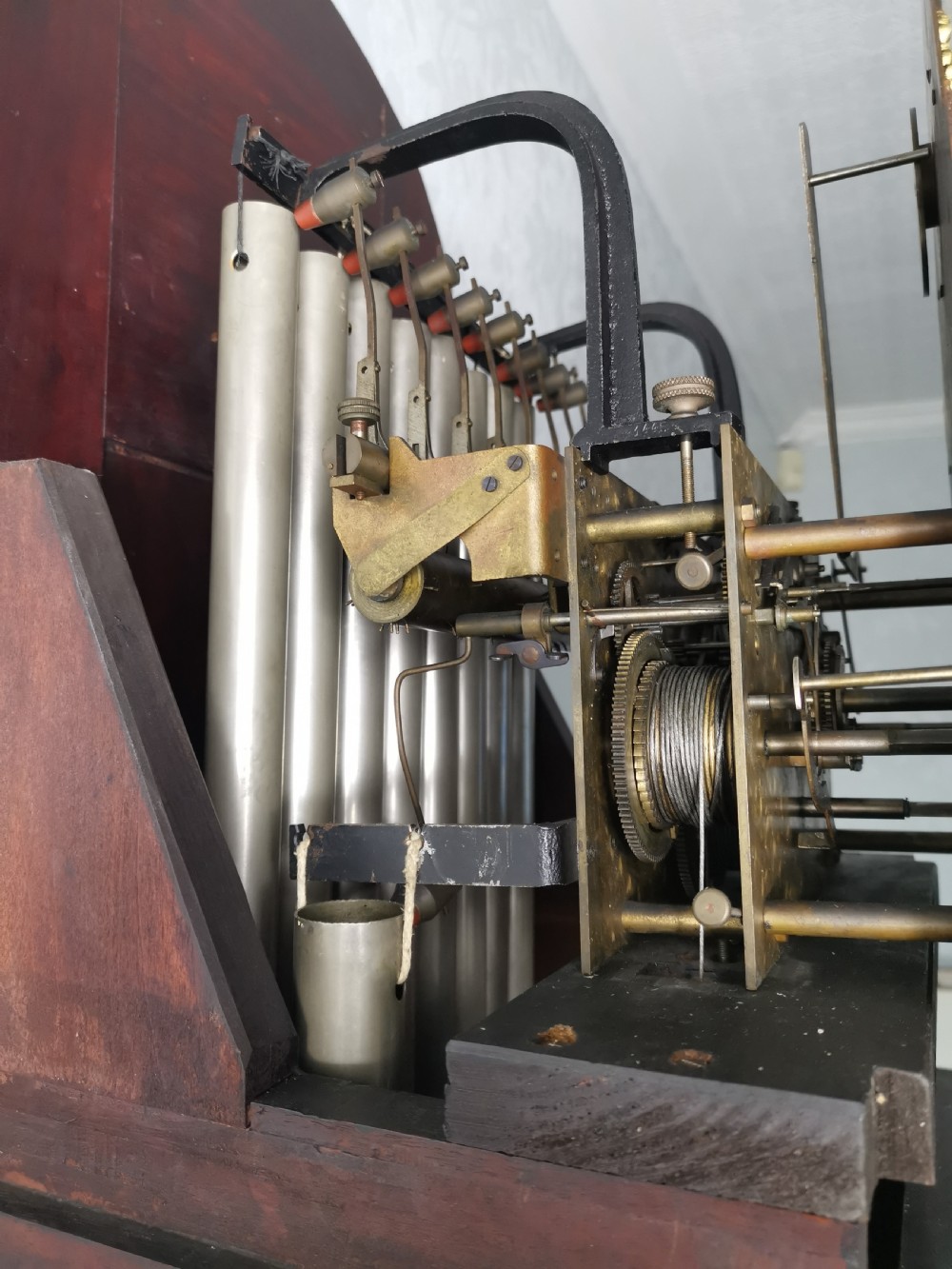 Early 20th C. 3 Tune Tubular Bells Musical Quarter Chiming Mahogany Grandfather Longcase Clock  View II