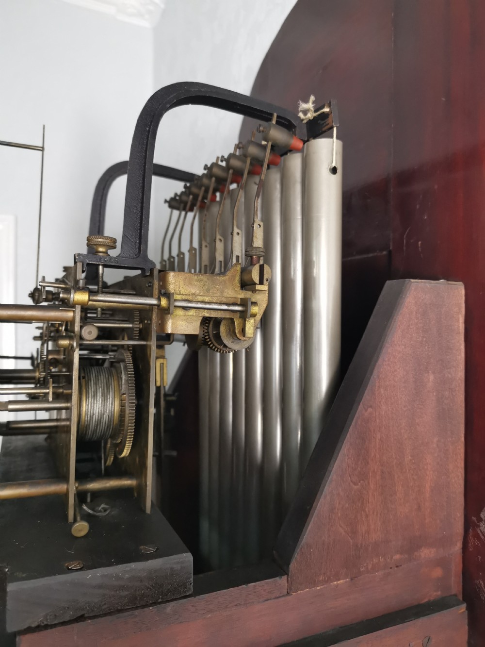 Early 20th C. 3 Tune Tubular Bells Musical Quarter Chiming Mahogany Grandfather Longcase Clock  View III