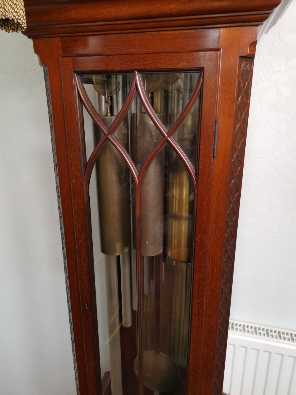 Early 20th C. 3 Tune Tubular Bells Musical Quarter Chiming Mahogany Grandfather Longcase Clock  View IV