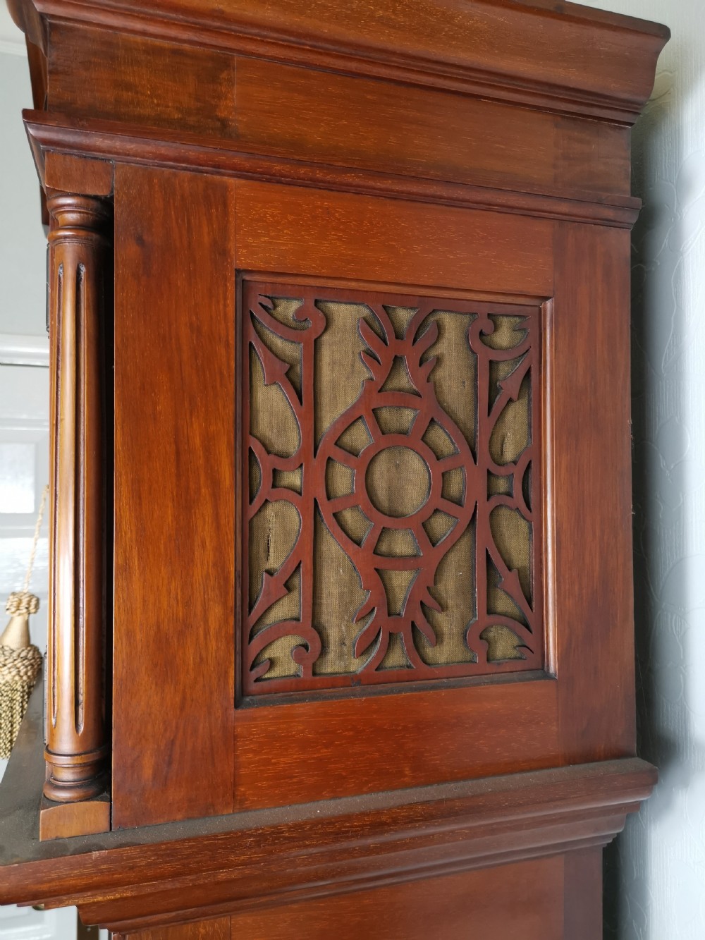 Early 20th C. 3 Tune Tubular Bells Musical Quarter Chiming Mahogany Grandfather Longcase Clock  View VI