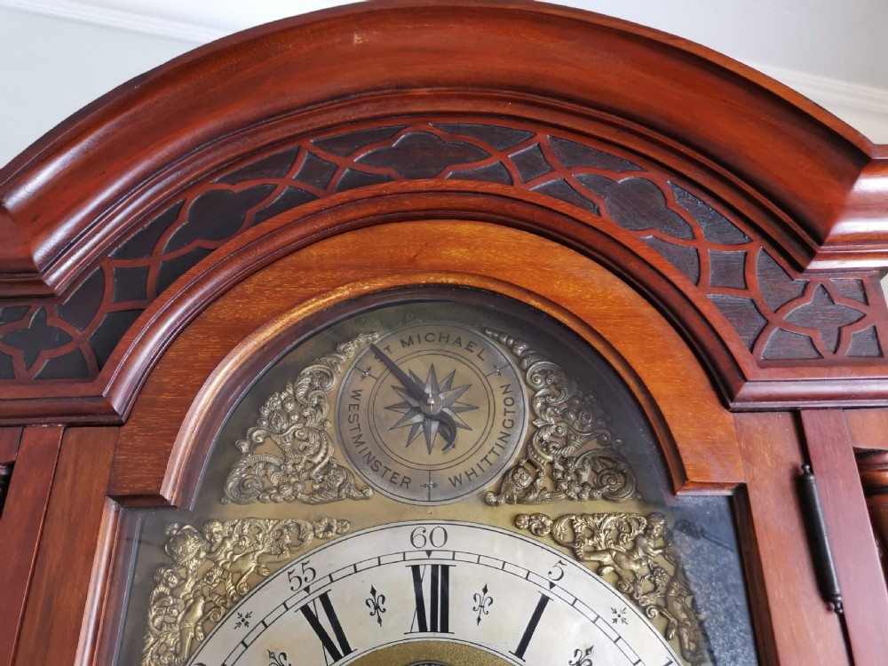 Early 20th C. 3 Tune Tubular Bells Musical Quarter Chiming Mahogany Grandfather Longcase Clock  View VIII