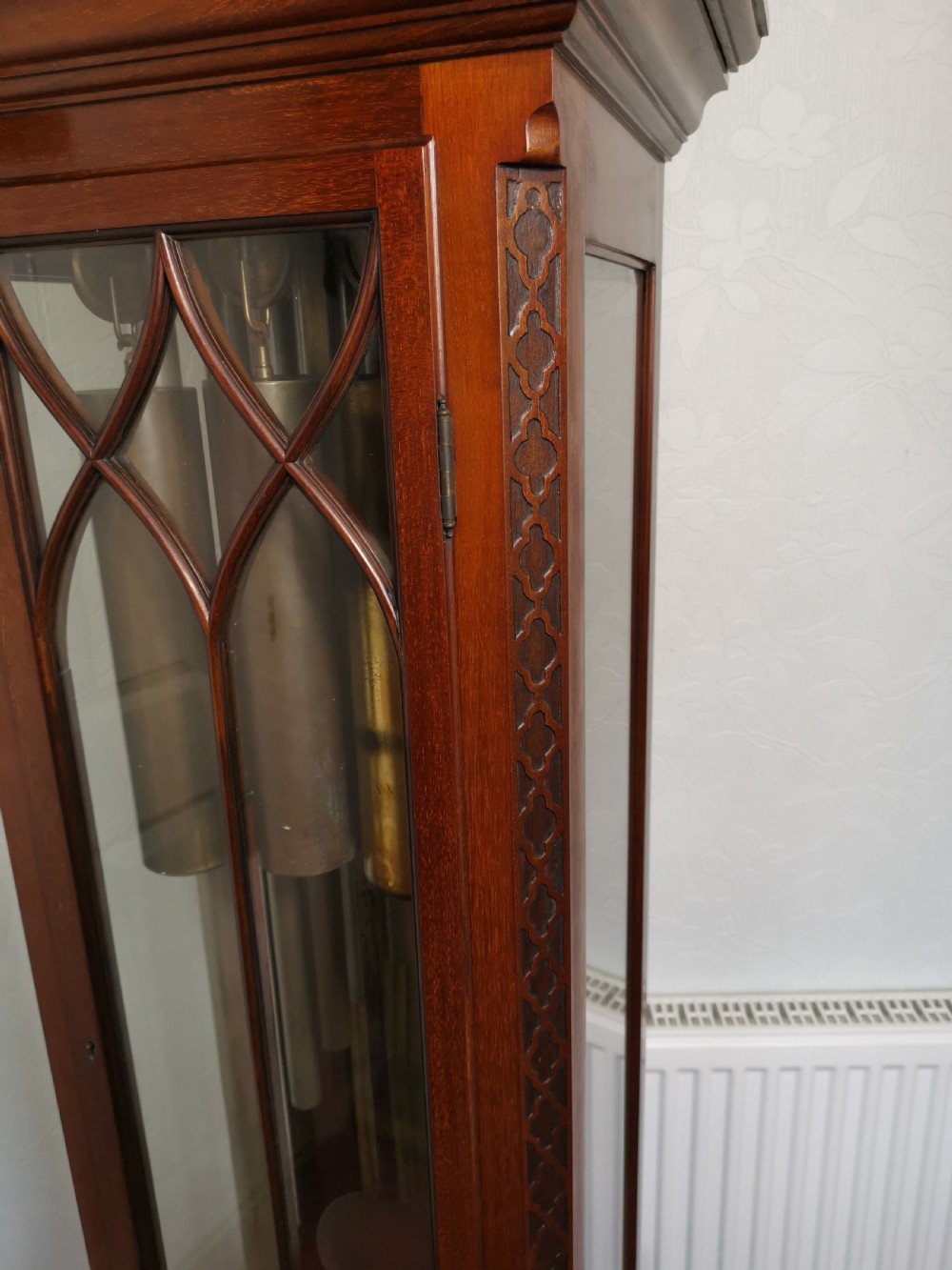 Early 20th C. 3 Tune Tubular Bells Musical Quarter Chiming Mahogany Grandfather Longcase Clock  View X