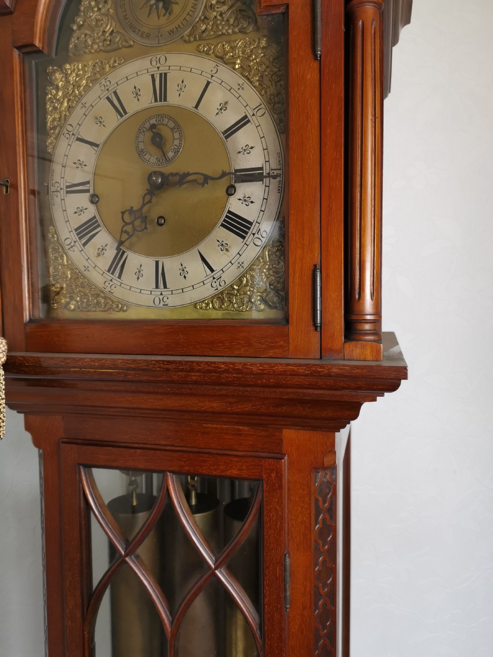 Early 20th C. 3 Tune Tubular Bells Musical Quarter Chiming Mahogany Grandfather Longcase Clock  View XI