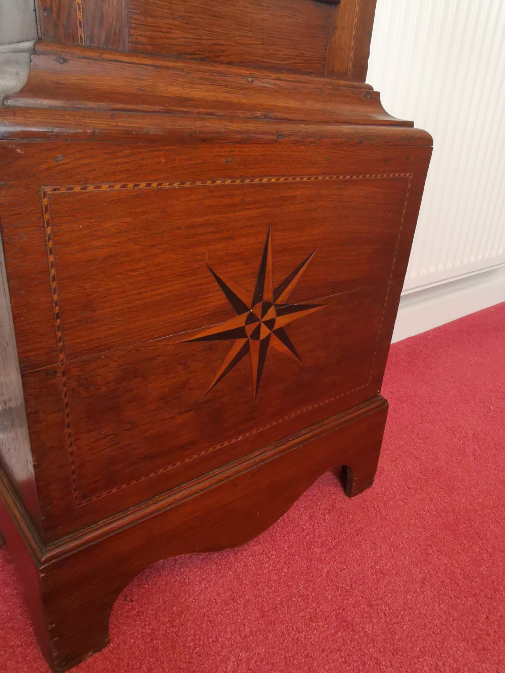 Mid 18th C. 5 Pillar 8 Day Bell Striking English Georgian Grandfather Longcase Clock with Star Inlay. Robt Jackson of Gainsborough Long Case Clock View III