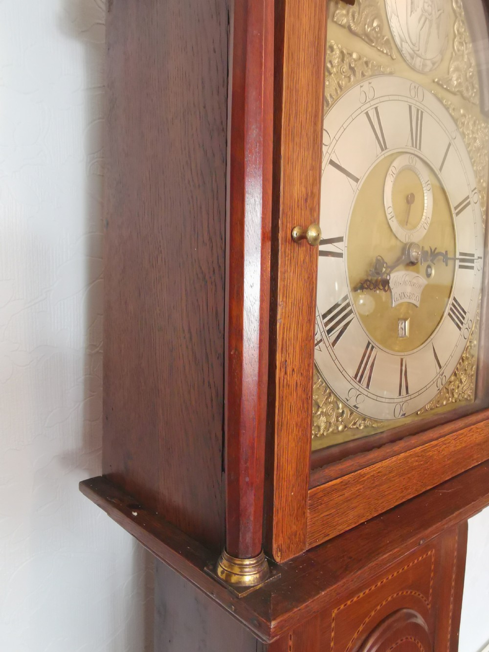 Mid 18th C. 5 Pillar 8 Day Bell Striking English Georgian Grandfather Longcase Clock with Star Inlay. Robt Jackson of Gainsborough Long Case Clock View IV