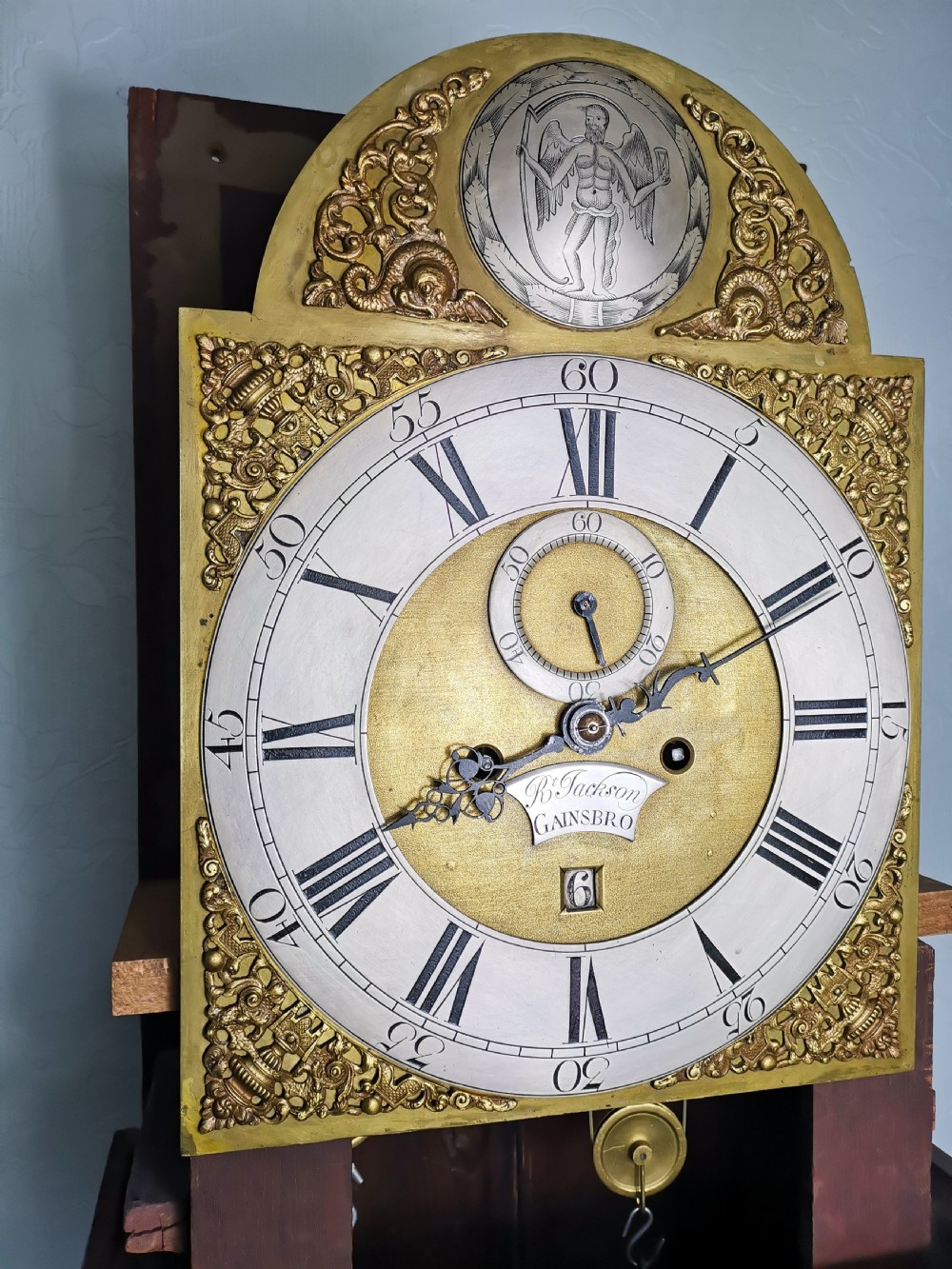 Mid 18th C. 5 Pillar 8 Day Bell Striking English Georgian Grandfather Longcase Clock with Star Inlay. Robt Jackson of Gainsborough Long Case Clock View V