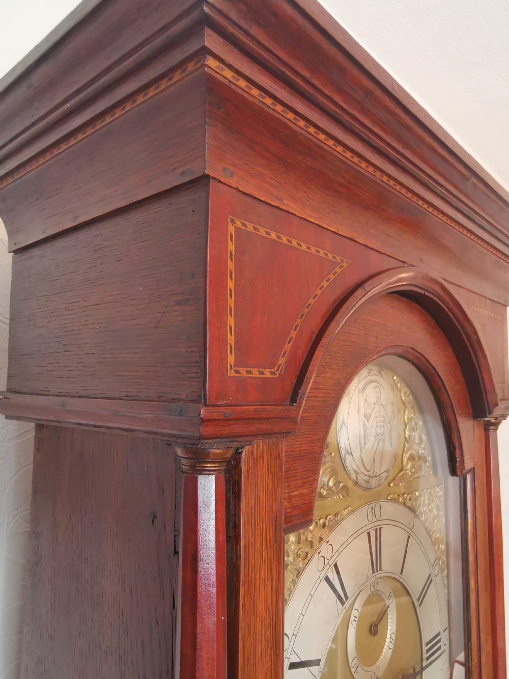 Mid 18th C. 5 Pillar 8 Day Bell Striking English Georgian Grandfather Longcase Clock with Star Inlay. Robt Jackson of Gainsborough Long Case Clock View XII