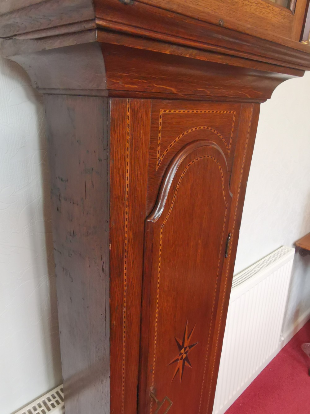 Mid 18th C. 5 Pillar 8 Day Bell Striking English Georgian Grandfather Longcase Clock with Star Inlay. Robt Jackson of Gainsborough Long Case Clock View XIII