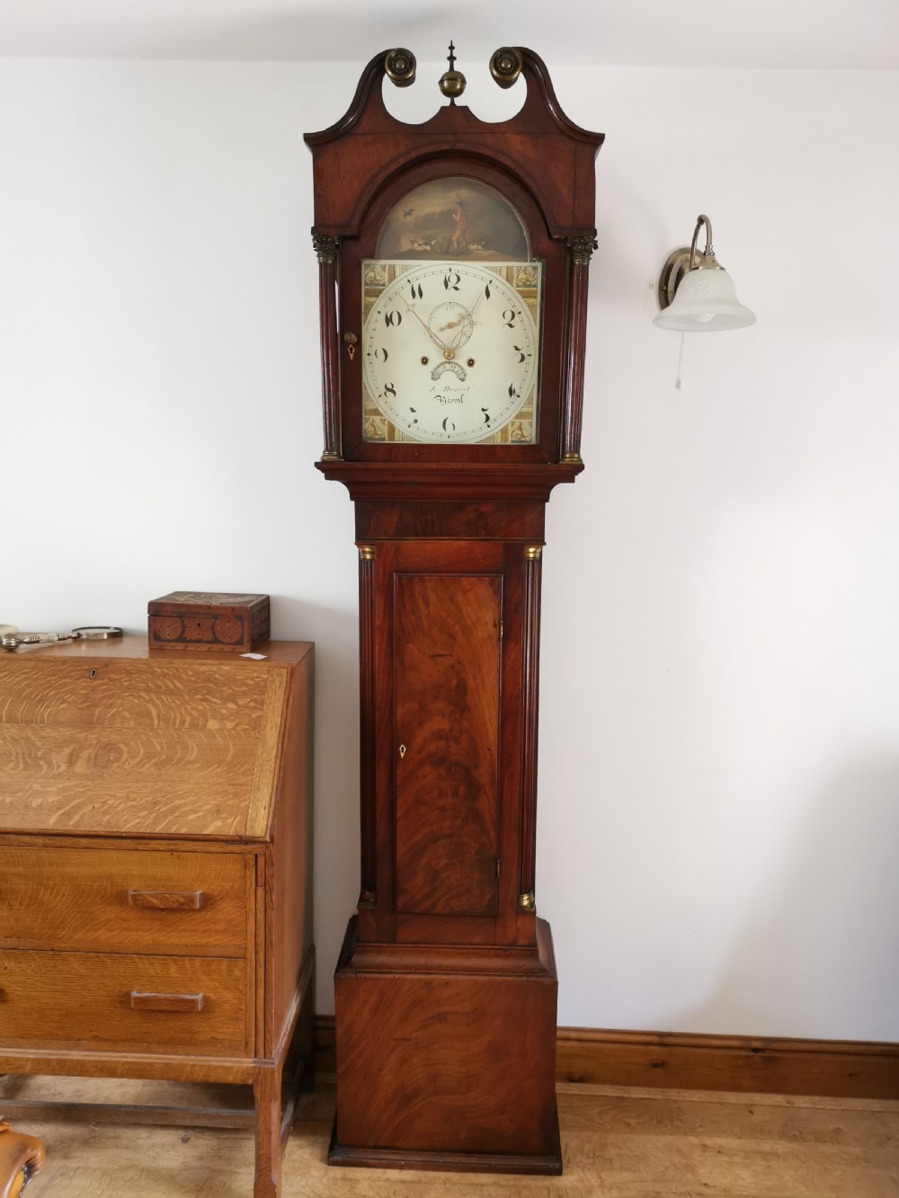 Early 19th C. Georgian Mahogany 8 Day Bell Striking English Grandfather Longcase Clock with Painted Dial. John Hancock of Yeovil Somerset. Noted by Brian Loomes. 
