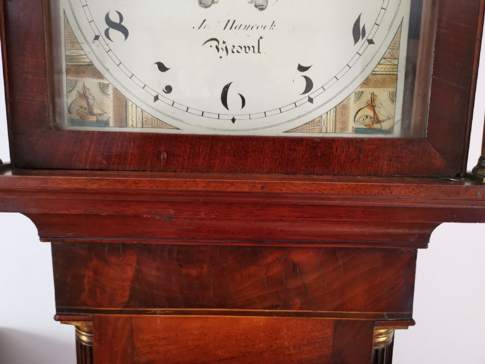 Early 19th C. Georgian Mahogany 8 Day Bell Striking English Grandfather Longcase Clock with Painted Dial. John Hancock of Yeovil Somerset. Noted by Brian Loomes.  View II