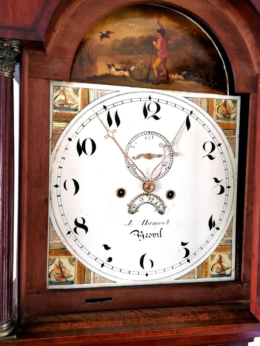 Early 19th C. Georgian Mahogany 8 Day Bell Striking English Grandfather Longcase Clock with Painted Dial. John Hancock of Yeovil Somerset. Noted by Brian Loomes.  View III